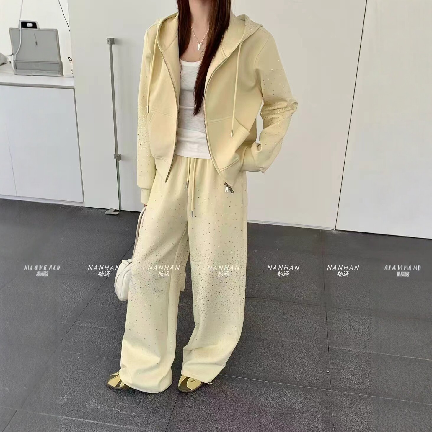 NANHAN正品两件套套装慵懒风连帽卫衣套装高腰阔腿裤休闲显瘦烫钻