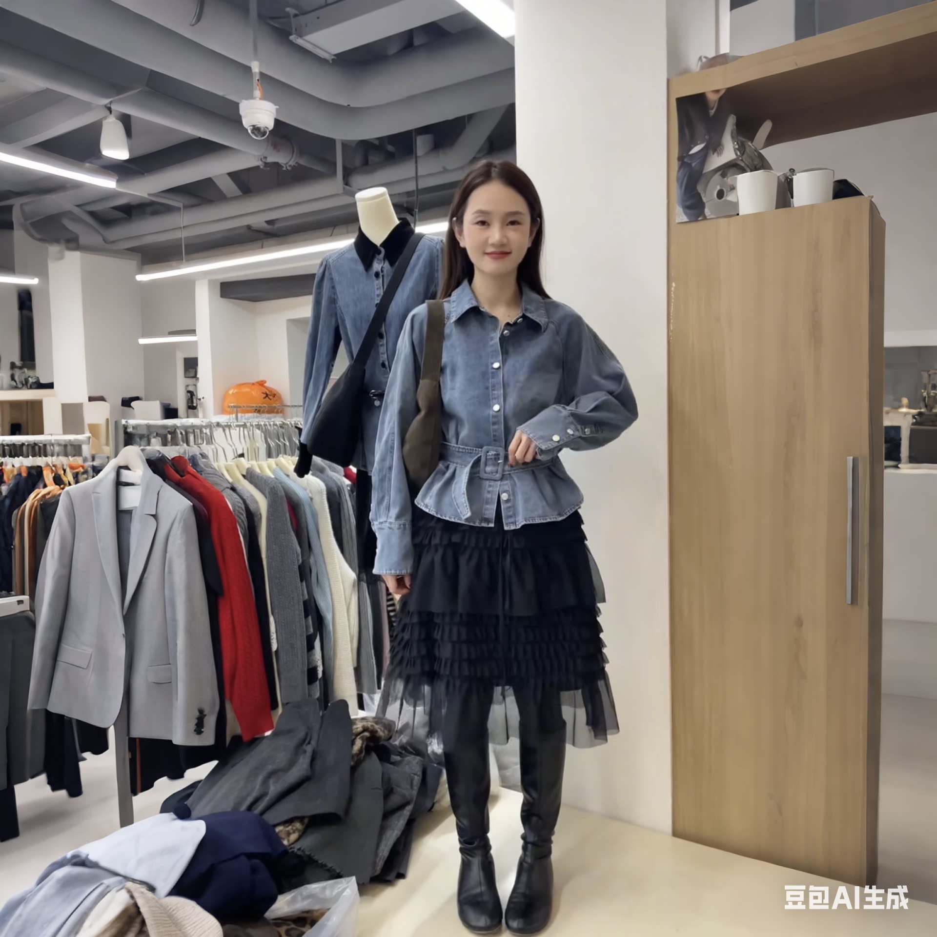 浅蓝色牛仔衣衬衫女短款收腰单排扣设计感气质减龄显瘦polo领衬衣