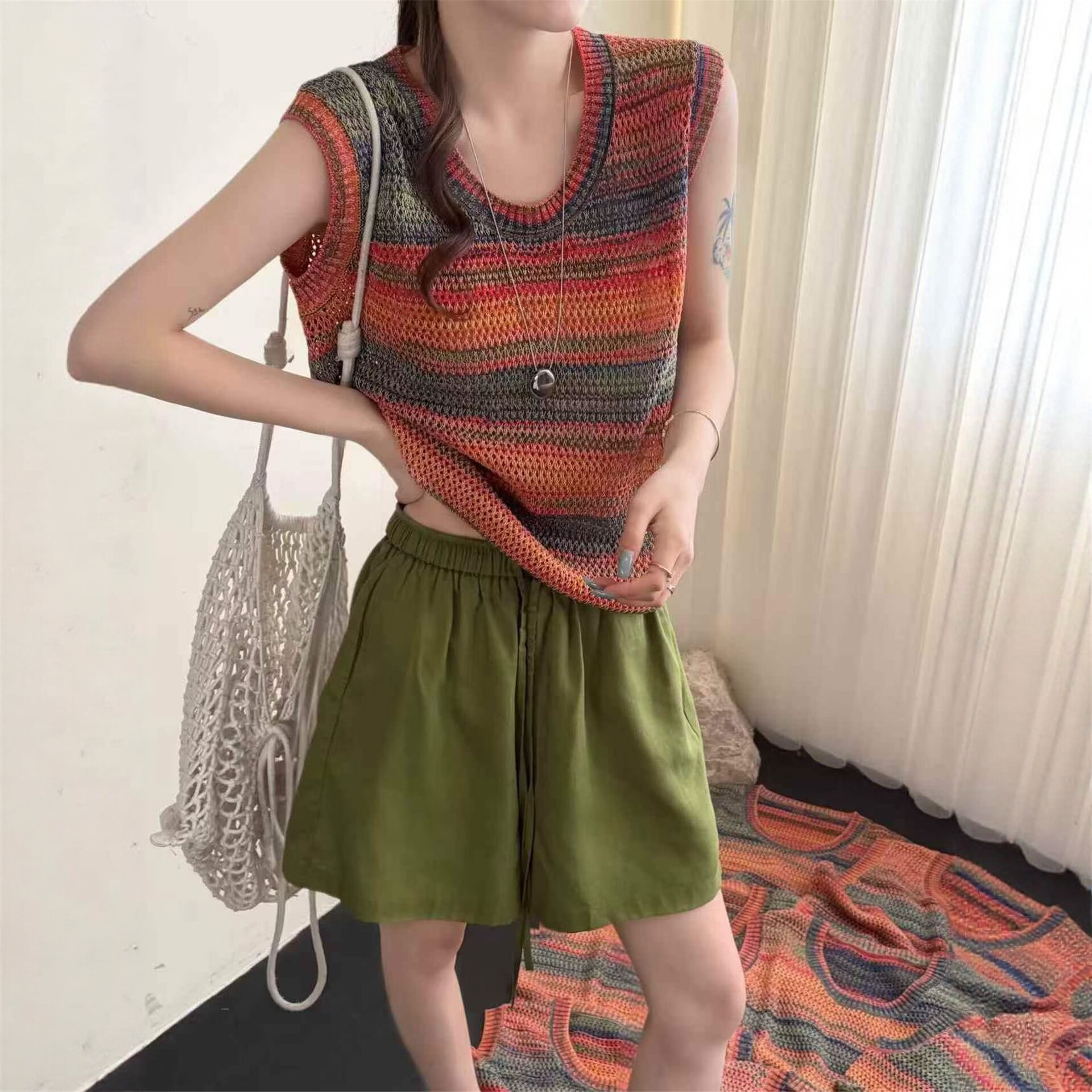 复古风彩色条纹无袖针织背心女圆领套头宽松显瘦百搭上衣镂空夏季
