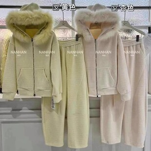 毛毛领连帽外套不规则长裤 休闲减龄冬 两件套银狐绒套装 NANHAN正品