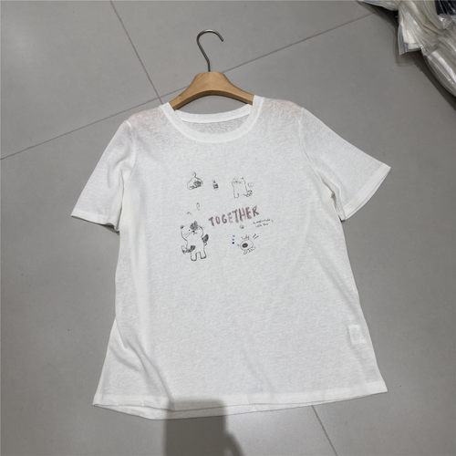 欧洲站圆领卡通风小猫印花T恤女短袖白色减龄韩系上衣夏季穿搭潮t