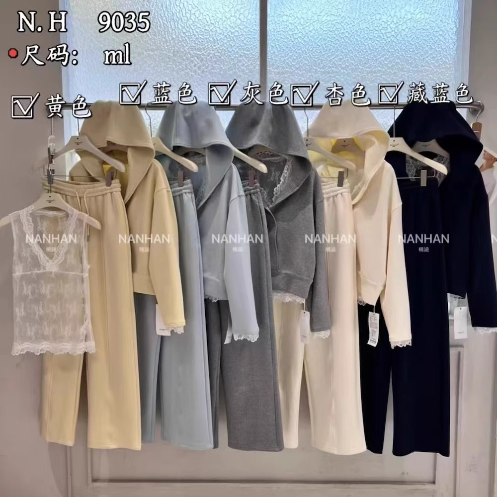 NANHAN正品三件套蕾丝背心+长袖短款连帽卫衣+休闲长裤运动套装春