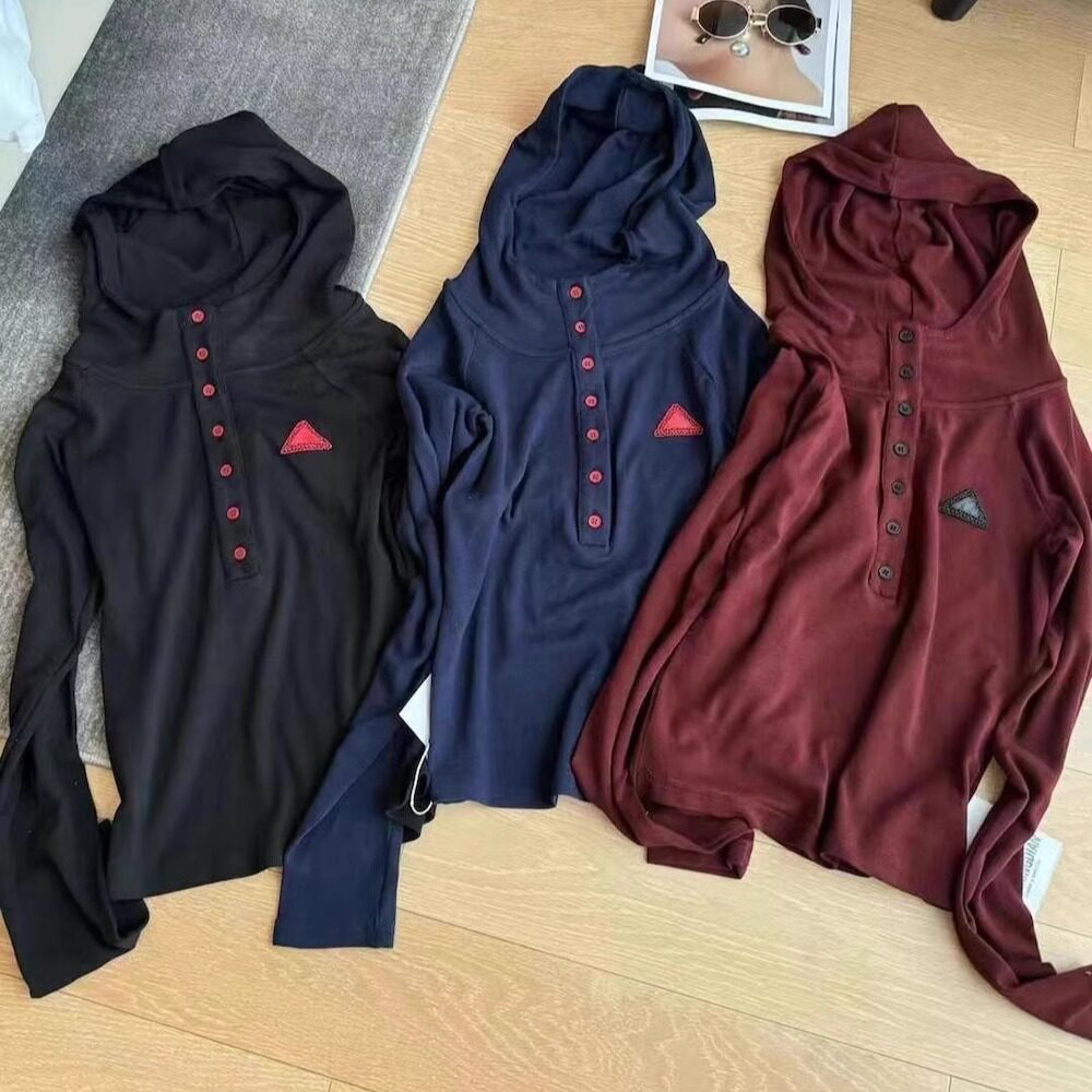 BSMD正品长袖T恤纽扣三角标连帽套头合身帽衫纯色简约休闲卫衣t韩