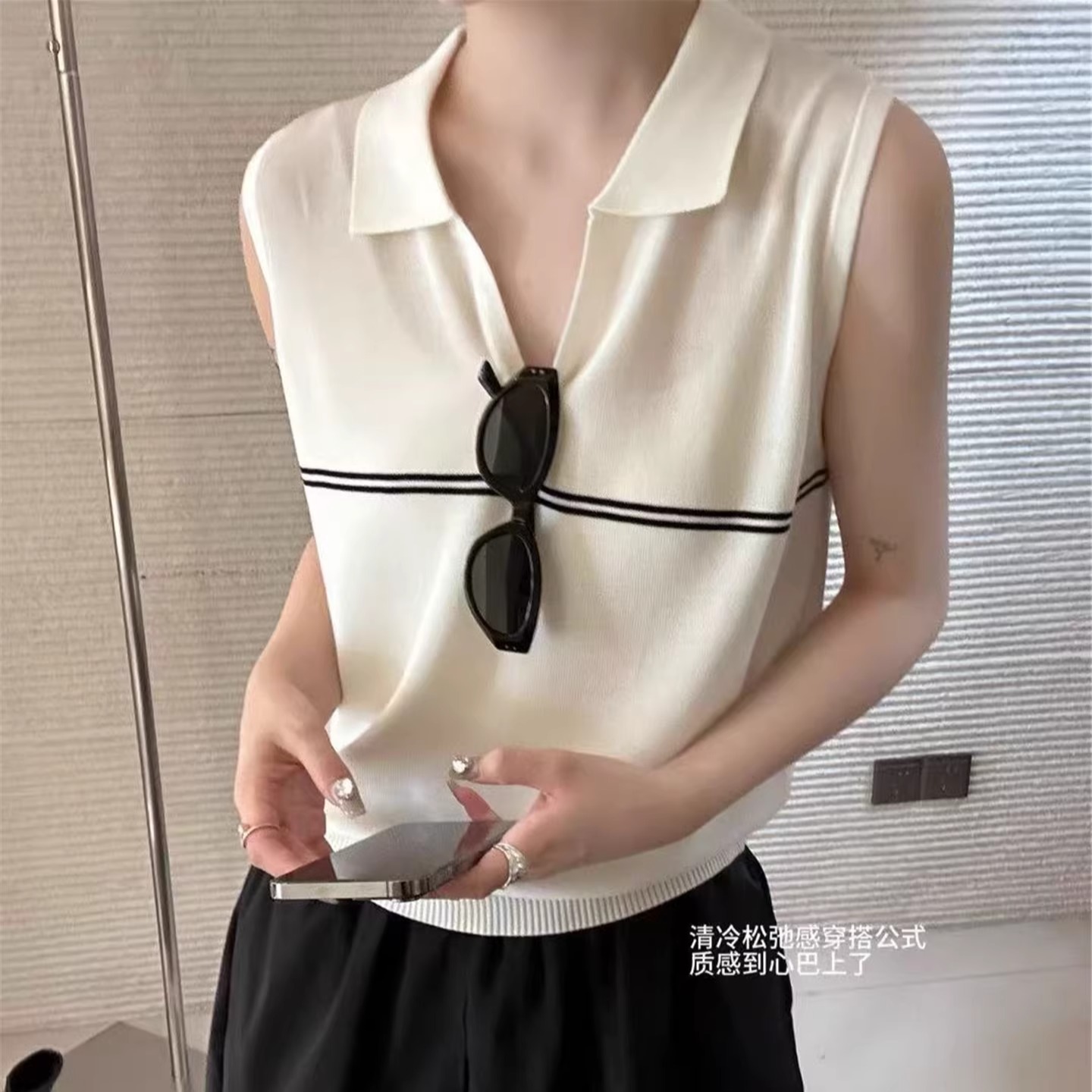 POLO领无袖针织衫女薄款撞色条纹简约气质宽松休闲减龄显瘦上衣夏
