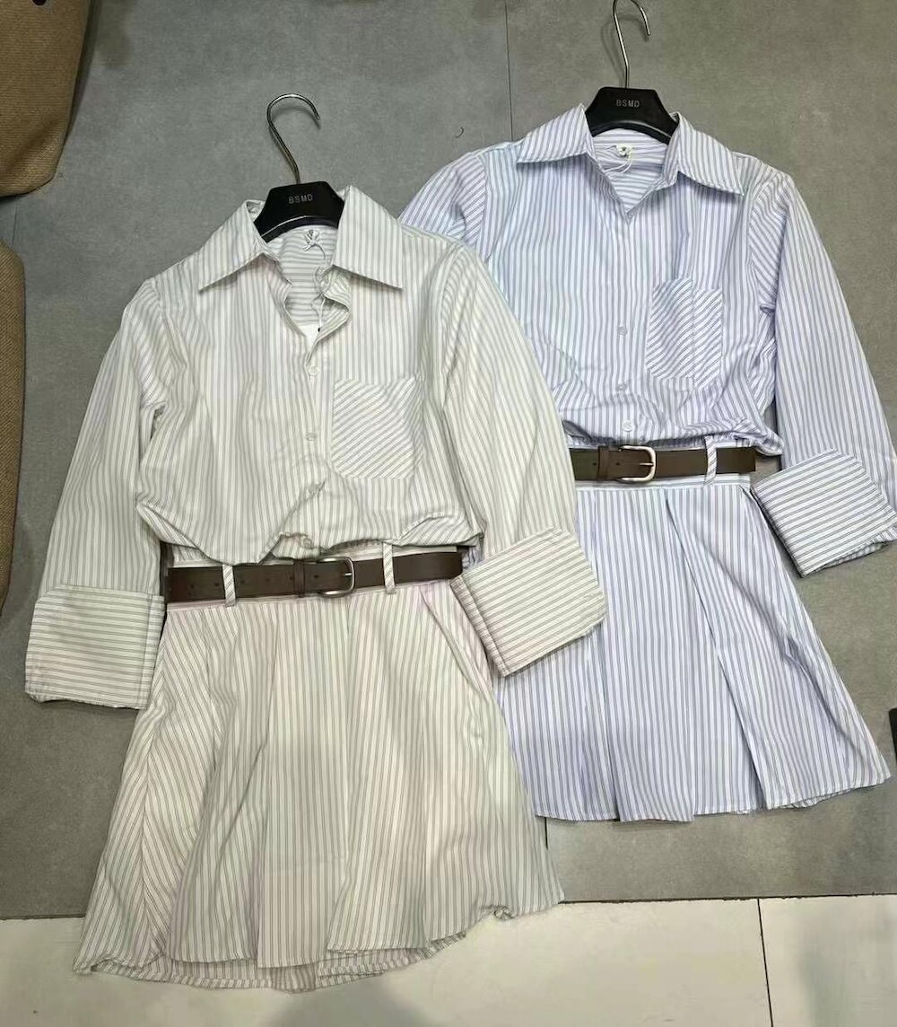 BSMD正品长袖连衣裙条纹polo翻领百褶薄短裙减龄气质女人味显瘦韩