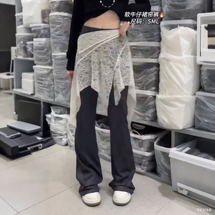 休闲裤 子 女薄牛仔色喇叭长裤 气质减龄女人味蕾丝屁帘设计感洋气裤