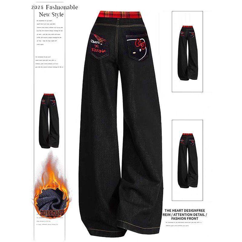 美式kitty猫咪刺绣加绒加厚牛仔裤女2025秋冬新款显瘦直筒阔腿裤,女装/女士精品,大码裤装,淘宝优惠券,粉丝福利购,淘宝优惠卷