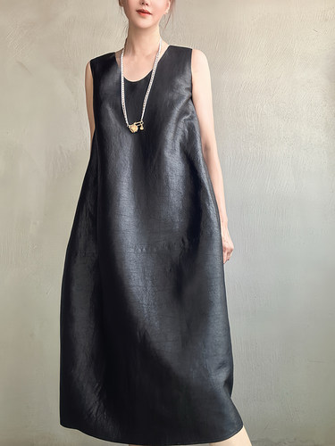 休闲花苞香云纱U领背心裙J简优雅