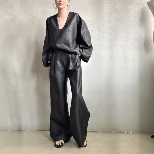 缓圆原创香云纱2024新款 女 休闲慵懒风松弛感打褶挺阔有型阔腿长裤