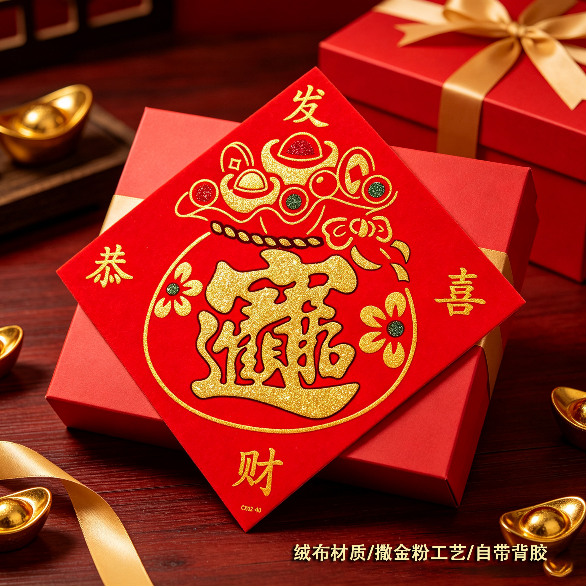 新款自粘绒布福字贴门贴撒金粉斗方门幅新年窗花春节装饰画门芯