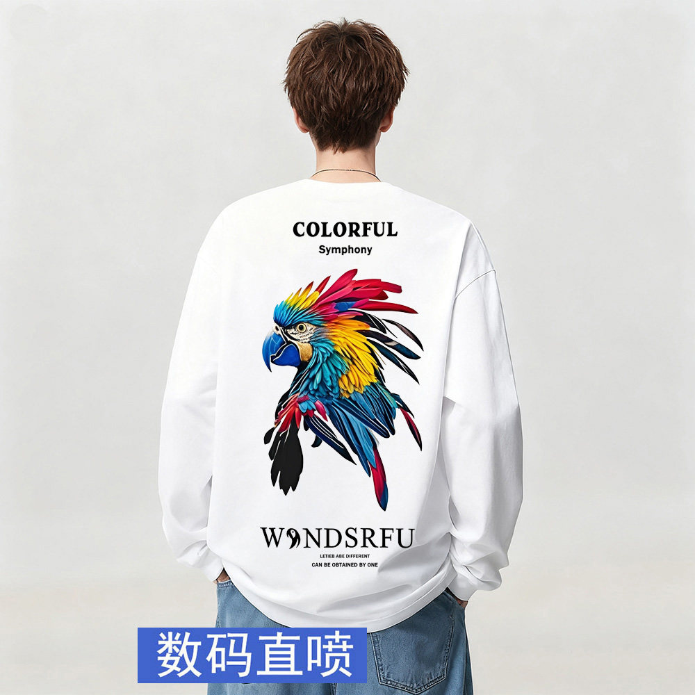 美式轻奢潮流新款鹦鹉印花数码直喷纯棉长袖T恤男女宽松上衣春秋