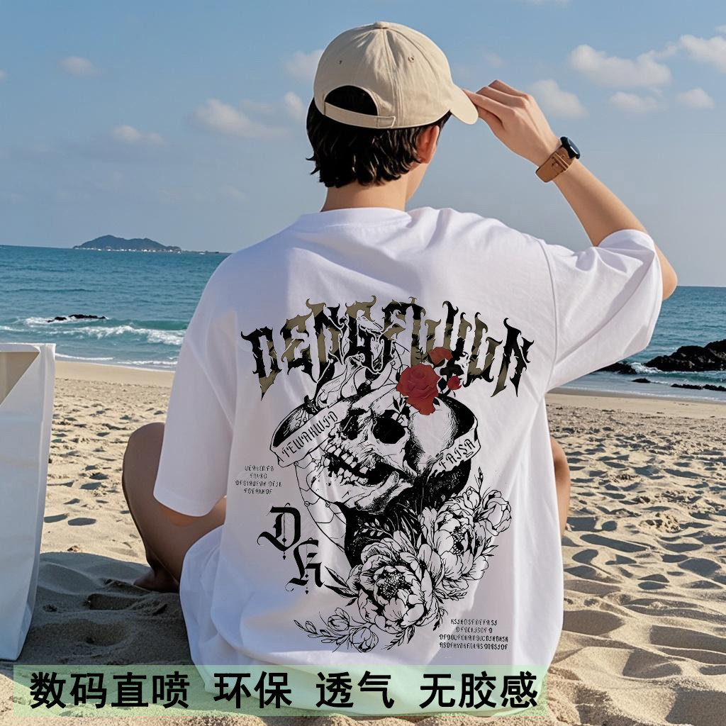 美式高街vintage骷髅玫瑰印花纯棉短袖t恤男女同款夏季宽松上衣