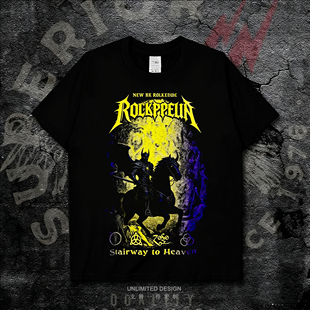 欧美黑金属摇滚风黑马骑士数码直喷印花男女款纯棉短袖T恤上衣夏