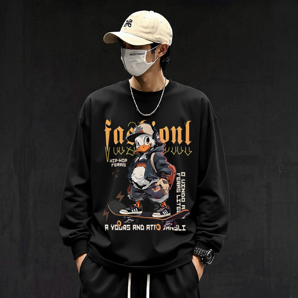 美式新款高街设计感卡通印花纯棉长袖t恤男款百搭宽松帅气春秋款