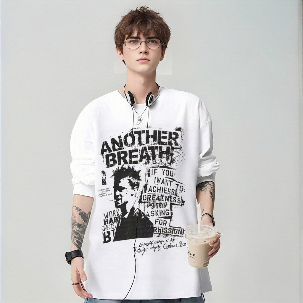 美式新款涂鸦印花纯棉长袖T恤宽松痞帅百搭男款上衣春秋季打底衫