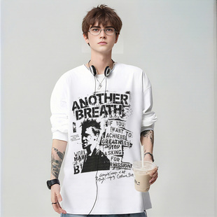美式新款涂鸦印花纯棉长袖T恤宽松痞帅百搭男款上衣春秋季打底衫
