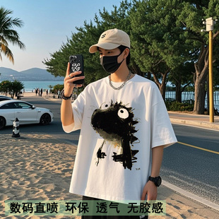 美式新款街头风小恐龙印花青少年纯棉短袖t恤男女同款夏季上衣