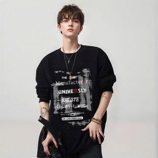 美式高街印花欧美风纯棉长袖T恤宽松痞帅百搭男生上衣打底衫春秋