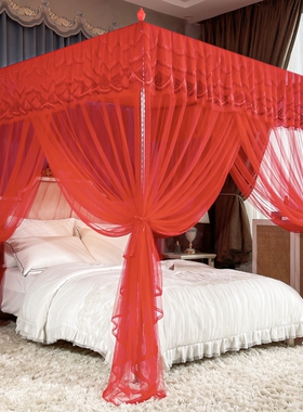蚊帐结婚家用红色宫廷床帐落地婚房床幔加密三开门公主帐子床帘