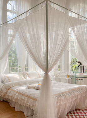 防尘顶蚊帐三开门绑绳系带法式宫廷蚊帐白色烤漆支架落地加高防蚊