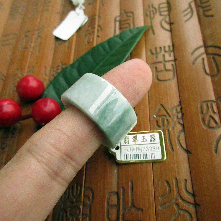 保真男款19.3MM玉扳指天然A货翡翠玉73389带绿色缅甸玉戒指实拍