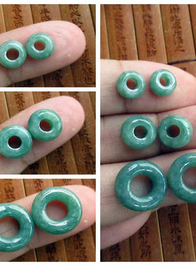 迷你小玉扣一对大孔豆绿耳钉耳饰用21108-44缅甸玉纯天然A货翡翠