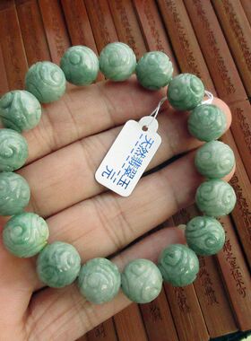 保真12mm龙纹珠手链天然豆绿色翡翠A货21778缅甸玉翡翠实物拍图