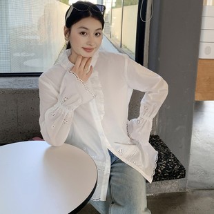 欧货白衬衫女长袖镂空勾花木耳边立领高级设计感小众洋气小衫上衣