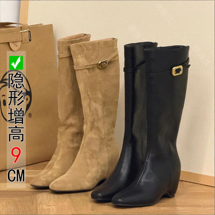 英伦风猫跟显高直筒骑士靴时尚百搭内增高9CM方头气质显瘦长筒靴