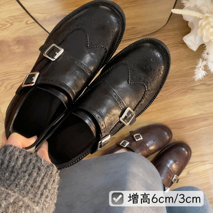 女士布洛克雕花乐福鞋2026秋冬新款内增高英伦风小皮鞋女雕花女鞋
