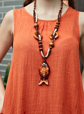 民族风长项链毛衣链 波西米亚风海滩拍照项链 复古木项链necklace