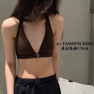 辣妹纯色黑色性感文胸6120 挂脖三角杯欧美深V前系扣款 原创款