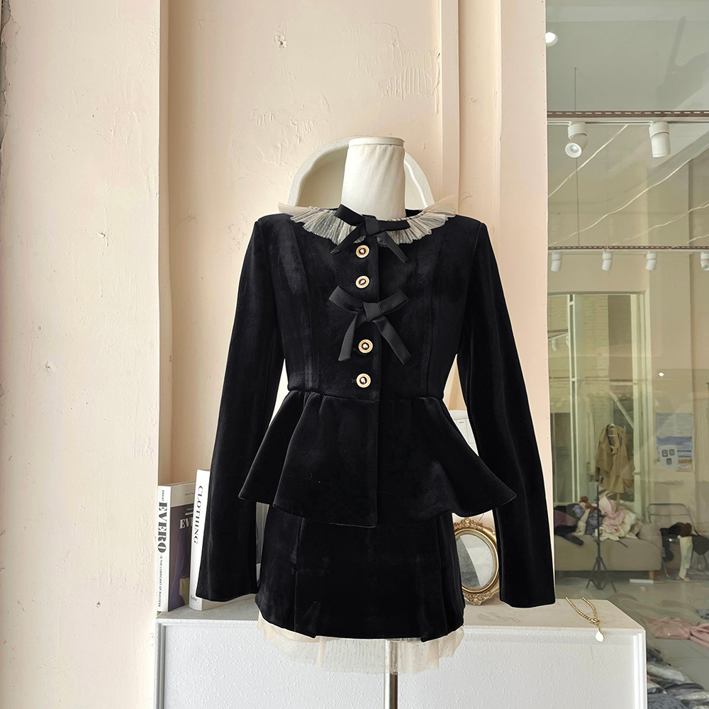LHTE青青大码女装 秋季网纱拼接蝴蝶结丝绒黑色外套半裙套装T6305