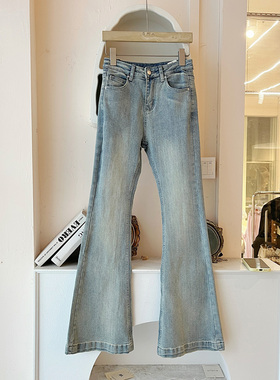 青青大码女装 秋冬装港风显瘦高腰微喇蓝色牛仔喇叭裤加绒K5194