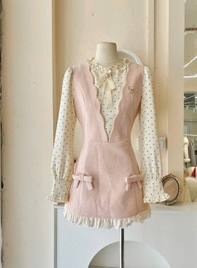 LHTE青青大码女装 桃桃千金 甜美波点拼接假两件减龄连衣裙L5387