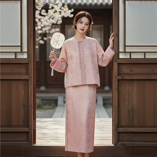 新中式金色提花刺绣锦缎外套+松紧腰半裙淡雅质感女改良汉服套装