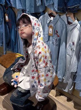 古德家26春新品童装中小童男童五角星复古花灰色毛圈料连帽卫衣