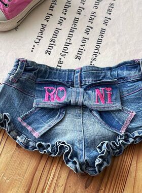 古德家日系童装中古蝴蝶结RONI女童热裤刺绣牛仔短裤
