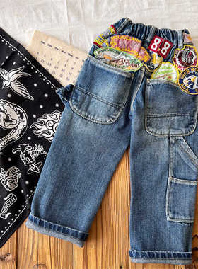 古德新款上市2岁家日系中古童装DD儿童春秋重工徽章牛仔裤长裤