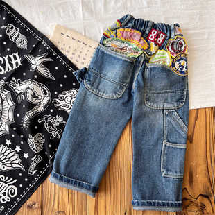 古德新款上市2岁家日系中古童装DD儿童春秋重工徽章牛仔裤长裤