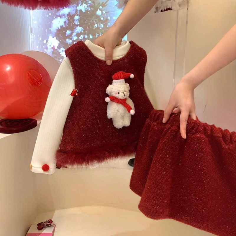 古德家童装女童圣诞新年立体玩偶加厚套装25冬季女宝宝新年红裙