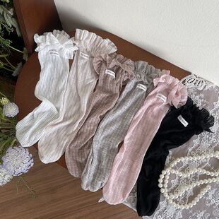 古德家新品韩系宽条薄棉花边字母标女儿童宝宝学生中筒堆堆袜女