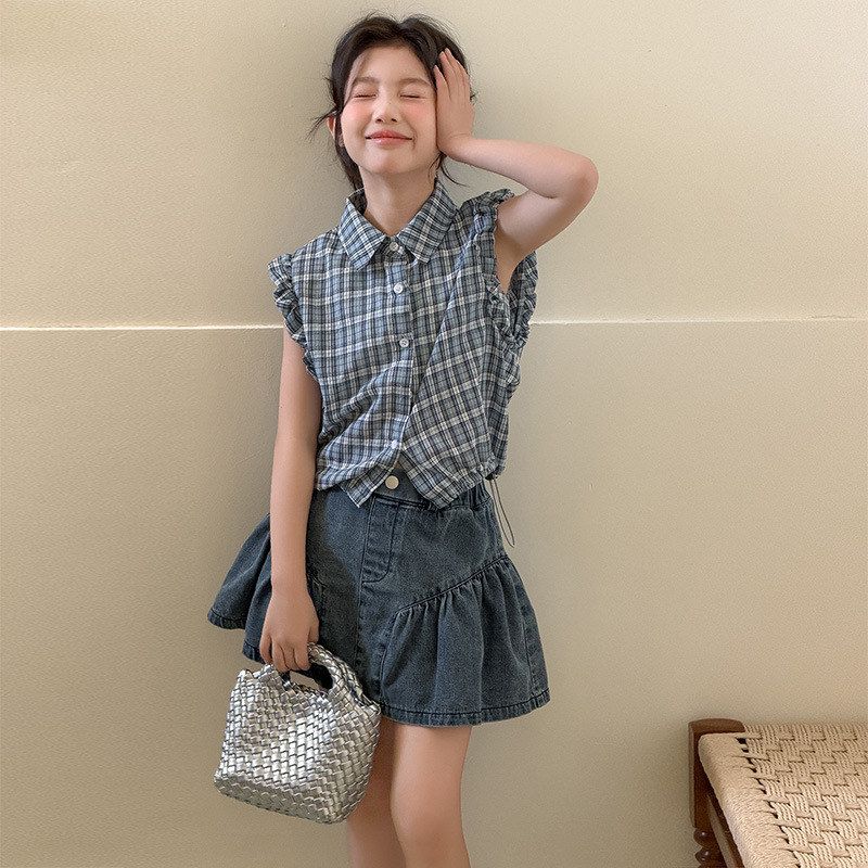 古德家夏季女童无袖衬衫牛仔短裙套装童装儿童女孩格子无袖短裙