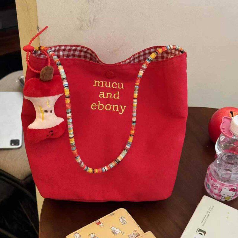 红色格子帆布包大容量便携韩系慵懒风通勤外出百搭手提单肩托特包