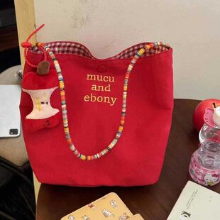 红色格子帆布包大容量便携韩系慵懒风通勤外出百搭手提单肩托特包