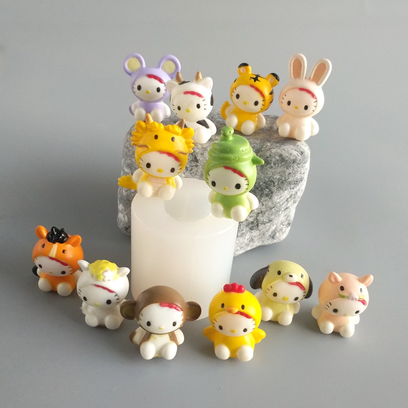 十二生肖卡通凯蒂猫立体ab滴胶树脂巧克力翻糖棒棒糖冰茶硅胶模具