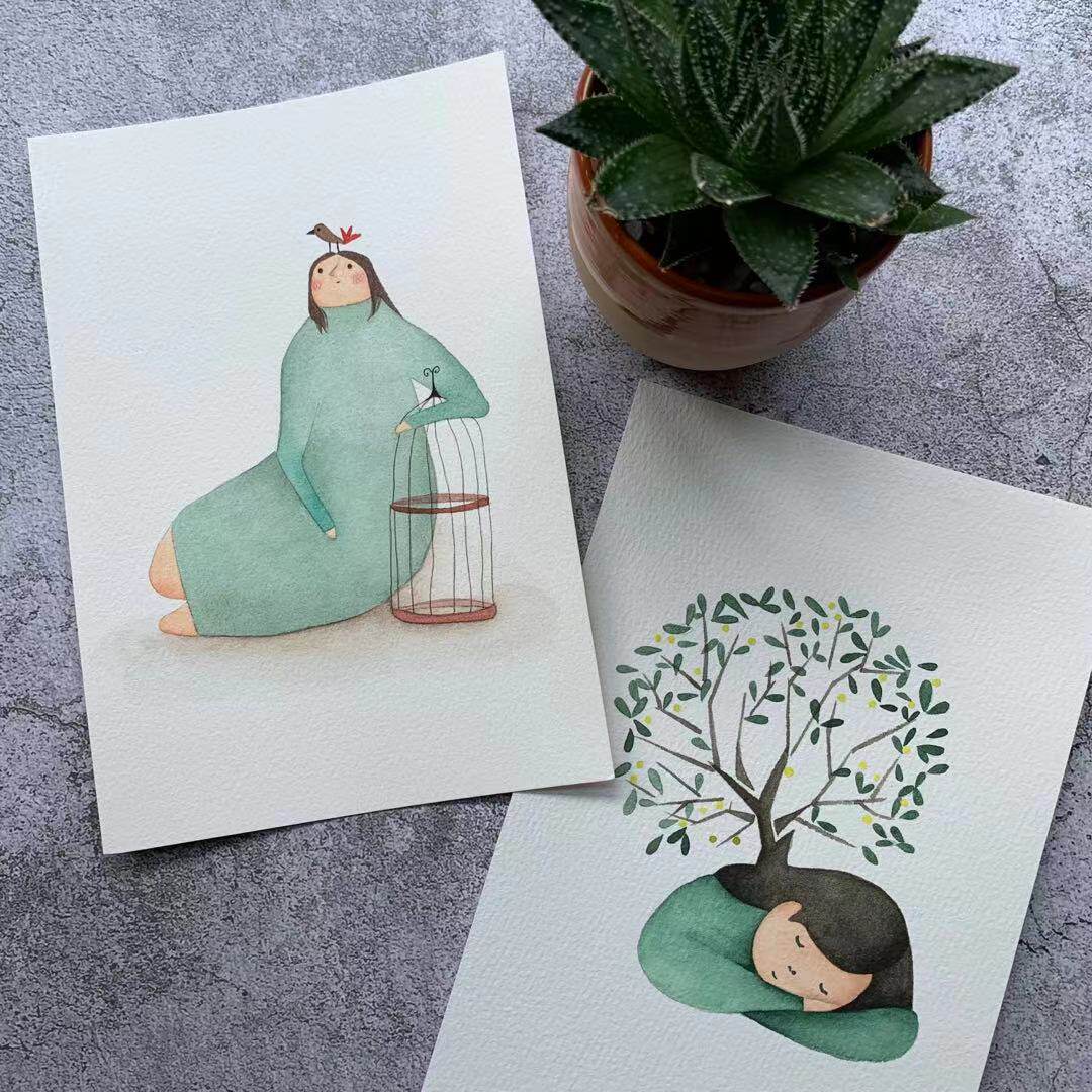 【三猫手绘】水彩画作品《鸟笼》贺卡/卡片