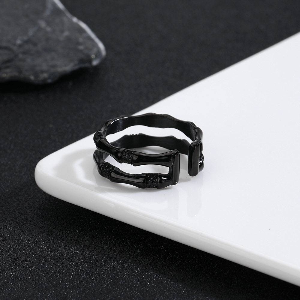 原创设计黑色镂空男士嘻哈潮流竹节钛钢戒指欧美时尚个性开口指环