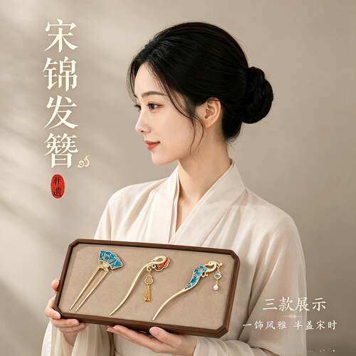 宋锦发簪高级感小众汉服旗袍簪子盘发高级感发饰饰品合金中性