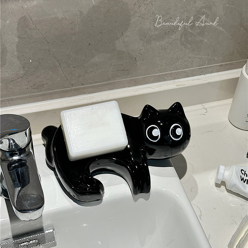 可爱黑猫咪沥水肥皂盒不积水香皂盒厨房家用皂碟置物架收纳盒摆件